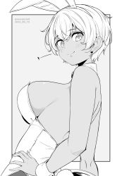 Rule 34 | 1girl, animal ears, bare shoulders, blush, breasts, dark-skinned female, dark skin, dated, fake animal ears, grey background, greyscale, hand on own hip, highres, kichihachi, large breasts, leotard, looking at viewer, monochrome, original, playboy bunny, rabbit ears, short hair, sideboob, solo, twitter username, two-tone background, white background