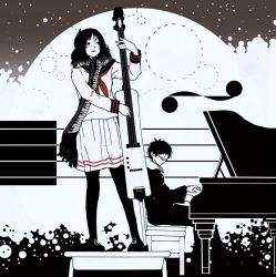 Rule 34 | 1boy, 1girl, arms up, blouse, coat, commentary request, from side, full body, greyscale, instrument, long hair, long scarf, long sleeves, monochrome, moon, music, neckerchief, on chair, on stool, original, pantyhose, piano, playing instrument, pleated skirt, red neckerchief, sailor collar, scarf, school uniform, serafuku, shirt, sitting, skirt, spot color, standing, yokotakumi