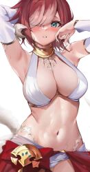 Rule 34 | 1girl, armpits, arms up, au ra, warrior of light (ff14), blush, breasts, commission, cowboy shot, crop top, cyobiro, detached sleeves, eyes visible through hair, fang, final fantasy, final fantasy xiv, gold trim, green eyes, hair over one eye, harem outfit, highres, horns, jewelry, large breasts, looking at viewer, navel, neck ring, one eye closed, open mouth, panties, red hair, red skirt, scales, shirt, short hair, simple background, skeb commission, skirt, solo, stomach, sweat, tail, underwear, wet, white background, white panties, white shirt, white sleeves