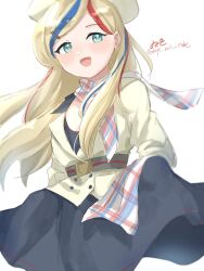 Rule 34 | 1girl, artist name, black dress, blonde hair, blue eyes, blue hair, commandant teste (kancolle), dress, hat, highres, jacket, kantai collection, long hair, multicolored clothes, multicolored hair, multicolored scarf, one-hour drawing challenge, plaid, plaid scarf, red hair, scarf, simple background, smile, solo, streaked hair, twitter username, wavy hair, white background, white hair, white hat, white jacket, wiwo