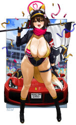 Rule 34 | 1girl, :d, absurdres, alternate breast size, alternate costume, animal ears, bikini, black footwear, blue archive, blush, boots, breasts, brown eyes, brown hair, car, cleavage, commentary request, curvy, dated, feipin zhanshi, flag, fox ears, fox girl, fox hair ornament, fox tail, full body, highres, holding, holding flag, huge breasts, izuna (blue archive), knee boots, looking at viewer, motor vehicle, open mouth, outside border, red scarf, scarf, short hair, skindentation, smile, solo, sports car, standing, swimsuit, tail, thick thighs, thigh strap, thighs, wide hips, yellow bikini