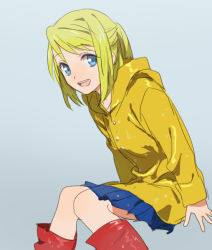 Rule 34 | 1girl, :d, aged down, blonde hair, blue eyes, blue skirt, boots, eyelashes, fullmetal alchemist, grey background, happy, looking at viewer, open mouth, pink footwear, raincoat, riru, rubber boots, short hair, simple background, sitting, skirt, smile, solo, wet, wet clothes, winry rockbell