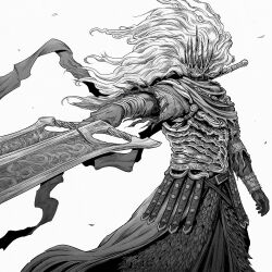 Rule 34 | 1boy, armor, belt, commentary, crown, dark souls (series), dark souls iii, english commentary, highres, holding, holding sword, holding weapon, long hair, male focus, menaslg, nameless king, simple background, solo, standing, sword, weapon, white background, white hair