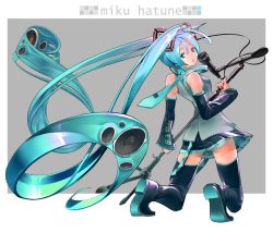 Rule 34 | absurdly long hair, arched back, back, blouse, blue hair, cable, character name, collared shirt, full body, glowing, grey background, grey shirt, hatsune miku, kneehighs, kneeling, long hair, microphone, microphone stand, mifuji, miniskirt, outside border, panties, pantyshot, shirt, simple background, skirt, socks, solo, thighhighs, underwear, very long hair, vocaloid