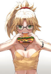 1girl alternate_costume blonde_hair breasts burger camisole cleavage commentary_request fate/apocrypha fate_(series) food glasses green_eyes grey_background highres holding holding_burger holding_food jewelry midriff mordred_(fate) mordred_(fate/apocrypha) navel necklace ponytail short_hair small_breasts tonee upper_body yellow_camisole