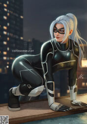 Rule 34 | 1girl, ass, black cat (marvel), building, geravass, highres, marvel, mask, mask on head, night, night sky, sky, solo, spider-man (2018 game), spider-man (series), white hair