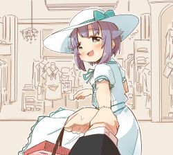 Rule 34 | 1boy, 1girl, :d, bag, blue bow, blue ribbon, blush, bow, brown eyes, commentary request, dress, grey hair, hair flaps, hat, hat bow, holding, holding another&#039;s wrist, holding bag, idolmaster, idolmaster cinderella girls, indoors, koshimizu sachiko, looking at viewer, looking to the side, mannequin, neck ribbon, open mouth, paper bag, puffy short sleeves, puffy sleeves, ribbon, shopping bag, short sleeves, smile, solo focus, sweat, white dress, yukie (kusaka shi)