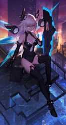 Rule 34 | 1girl, absurdres, arm at side, artist name, backlighting, bare shoulders, black gloves, black heart (neptunia), black leotard, black thighhighs, blue eyes, breasts, character name, city lights, cityscape, cleavage, cleavage cutout, closed mouth, clothing cutout, commentary request, covered navel, detached wings, elbow gloves, female focus, from above, full body, gloves, glowing, glowing wings, headgear, highres, holding, holding weapon, huge weapon, knee up, leotard, light particles, long hair, looking at viewer, mechanical wings, medium breasts, neptune (series), noire (neptunia), outdoors, sitting, skin tight, smile, solo, swd3e2, sword, symbol-shaped pupils, thighhighs, thighs, tsurime, very long hair, weapon, white hair, wings