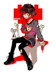 Rule 34 | 1other, androgynous, artist name, blood, blood on clothes, blood on face, blood on hands, bone, brown hair, closed eyes, frisk (undertale), full body, hand on own chest, heart, highres, injury, leggings, pantyhose, pigeon666, shirt, shoes, shorts, simple background, sitting, solo, striped clothes, striped shirt, torn clothes, torn pantyhose, undertale, white background