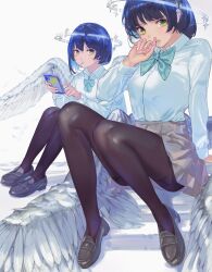 Rule 34 | 2girls, absurdres, arm at side, black footwear, black hair, black thighhighs, blue bow, blue bowtie, blush, bob cut, bow, bowtie, cellphone, collared shirt, covering own mouth, feathered wings, green eyes, grey skirt, halo, highres, holding, holding phone, knees together feet apart, knees up, loafers, long sleeves, looking at viewer, multiple girls, nik ibi, open mouth, original, pantyhose, phone, pleated skirt, school uniform, shirt, shoes, short hair, sidelocks, sitting, skirt, smartphone, thighband pantyhose, thighhighs, white shirt, white wings, wings