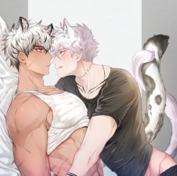 Rule 34 | 2boys, abs, animal ear request, animal ears, bed, black hair, blush, character request, collarbone, extra ears, eye contact, hair ears, highres, imminent kiss, looking at another, mad pingu, male focus, multicolored hair, multiple boys, muscular, pectorals, scar, shirt, sidepec, tank top, toned, toned male, tongue, tongue out, undressing, white background, white hair, yaoi
