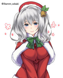 Rule 34 | 1girl, baretto (firearms 1), bell, beret, blue eyes, blush, breasts squeezed together, breasts, christmas, eyes visible through hair, flower, green neckwear, hat, kantai collection, kashima (kancolle), large breasts, long hair, looking at viewer, santa costume, santa hat, silver hair, simple background, smile, solo, twintails, twitter username, wavy hair, white background
