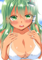 Rule 34 | 1girl, bare shoulders, bikini, bikini top only, blush, breast suppress, breasts, cleavage, female focus, frog hair ornament, green eyes, green hair, hair ornament, kochiya sanae, large breasts, long hair, looking at viewer, matching hair/eyes, open mouth, saki chisuzu, snake, solo, swimsuit, tan, tanline, touhou