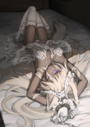 Rule 34 | 1girl, animal ears, armpits, arms up, babydoll, blonde hair, bound, bound wrists, breasts, chain, dark-skinned female, dark skin, frilled thighhighs, frills, full body, gloves, highres, knees together feet apart, lingerie, long hair, looking at viewer, lying, micro panties, on back, on bed, original, osobachan, panties, parted lips, partially visible vulva, purple eyes, see-through, small breasts, solo, tail, thighhighs, thighs, underwear, very long hair, white gloves, white headwear, white thighhighs