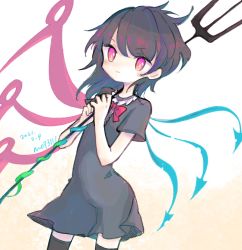 Rule 34 | 1girl, artist name, asymmetrical wings, black dress, black hair, black thighhighs, blue wings, bow, bowtie, center frills, collared dress, commentary request, cowboy shot, dated, dress, frilled shirt collar, frills, highres, holding, holding pitchfork, houjuu nue, looking at viewer, m (m073111), medium hair, messy hair, one-hour drawing challenge, pitchfork, red bow, red bowtie, red eyes, red wings, short dress, short sleeves, solo, swept bangs, thighhighs, touhou, twitter username, wings
