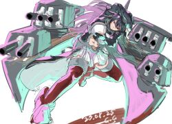 Rule 34 | 1girl, abs, artist logo, black gloves, black hair, cannon, dated, gegeron, gloves, headgear, kantai collection, kikumon, long hair, machinery, nagato (kancolle), navel, partially fingerless gloves, red eyes, red thighhighs, rudder footwear, simple background, skirt, solo, standing, thighhighs, turret, white background, white skirt