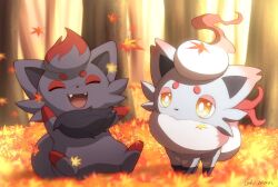 Rule 34 | :d, ^ ^, artist name, autumn, autumn leaves, blurry, blurry background, bright pupils, closed eyes, commentary, creatures (company), day, falling leaves, fangs, game freak, gen 5 pokemon, highres, hisuian zorua, leaf, looking at another, monaka (hc pkmn), nintendo, no humans, open mouth, outdoors, pokemon, pokemon (creature), smile, symbol-only commentary, tree, twitter username, white pupils, yellow eyes, zorua