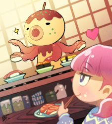 Rule 34 | 1boy, 1girl, animal crossing, blue eyes, blush, chopsticks, counter, dutch angle, food, heart, looking at another, monster boy, nintendo, octopus, octopus boy, pink hair, short hair, sparkle, table, zucker (animal crossing)