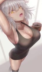 Rule 34 | 1girl, arm up, armpits, black thighhighs, breasts, cleavage, coffee, coffee mug, collarbone, cup, fate (series), highres, jeanne d&#039;arc (fate), jeanne d&#039;arc alter (avenger) (fate), jeanne d&#039;arc alter (fate), large breasts, looking at viewer, mug, open mouth, penguintake, saliva, short hair, solo, steam, tank top, teeth, thighhighs, thighs, tongue, white hair, yellow eyes