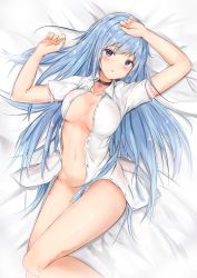 Rule 34 | 1girl, absurdres, arms up, bed sheet, blue eyes, blue hair, blush, breasts, choker, convenient censoring, emori miku, from above, heart, heart choker, highres, liver city, long hair, looking at viewer, lying, medium breasts, na kyo, naked shirt, navel, on back, open clothes, open shirt, parted lips, shirt, short sleeves, solo, very long hair