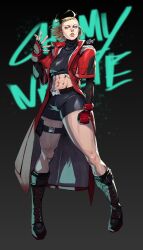 Rule 34 | 1girl, abs, absurdres, belt buckle, bike shorts, black sweater, blonde hair, blue eyes, boots, breasts, buckle, cammy white, character name, clenched hand, coat, commentary, cropped sweater, cross-laced footwear, english commentary, facial scar, fingerless gloves, full body, gloves, highres, holster, knee boots, lace-up boots, long coat, medium breasts, midriff, official alternate costume, open clothes, open coat, red coat, scar, scar on cheek, scar on face, sheep shin, short hair, solo, standing, street fighter, street fighter 6, sweater, thick thighs, thigh holster, thighs, turtleneck, turtleneck sweater