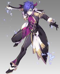 Rule 34 | 1boy, belt, black gloves, black pants, blue eyes, blue hair, bug, butterfly, ciel (elsword), coat, elsword, epaulettes, fighting stance, formal, full body, gloves, gradient background, grey background, insect, male focus, matching hair/eyes, pale skin, pants, pika (kai9464), pointy ears, serious, shoes, solo, sword, weapon