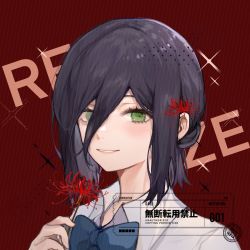 Rule 34 | 1girl, black hair, blue neckwear, blush, bow, chainsaw man, character name, collared shirt, commentary request, dotted background, english text, etiv, flower, green eyes, hair between eyes, hair bun, hair flower, hair ornament, holding, holding flower, looking at viewer, medium hair, open mouth, red background, red flower, reze (chainsaw man), shirt, sidelocks, simple background, single hair bun, smile, solo, sparkle background, spider lily, ticket, translation request, white shirt