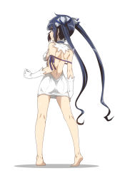 Rule 34 | 10s, 1girl, ass, back, backless outfit, bare back, bare legs, barefoot, black hair, blue eyes, breasts, dress, dungeon ni deai wo motomeru no wa machigatteiru darou ka, feet, female focus, from behind, full body, fumihiro, gloves, hestia (danmachi), highres, legs, long hair, rei no himo, sideboob, simple background, solo, standing, twintails, white background