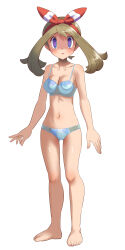 Rule 34 | 1girl, @ @, absurdres, bare arms, barefoot, blue bra, blue panties, bow hairband, bra, breasts, brown hair, cameltoe, cleavage, collarbone, commentary request, commission, creatures (company), eyelashes, full body, game freak, grey eyes, hairband, highres, knees, looking at viewer, may (pokemon), medium breasts, mind control, navel, nintendo, panties, parted lips, pixiv commission, pokemon, pokemon oras, red hairband, shaded face, simple background, solo, standing, toes, uhyoko, underwear, white background