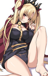Rule 34 | 1girl, barefoot, black leotard, blonde hair, blush, breasts, brown eyes, cloak, ereshkigal (fate), fate/grand order, fate (series), feet, knee up, large breasts, leotard, long hair, looking at viewer, parted bangs, parted lips, shiseki hirame, simple background, sitting, solo, toes, tohsaka rin, twintails, very long hair, white background