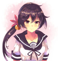 Rule 34 | 10s, 1girl, akebono (kancolle), asymmetrical hair, bad id, bad pixiv id, bell, blush, closed mouth, collarbone, eyebrows, flower, hair bell, hair flower, hair ornament, highres, jingle bell, kantai collection, long hair, looking at viewer, mizuyoukan (mikususannda), pink background, pink flower, portrait, purple eyes, purple hair, school uniform, serafuku, shirt, short sleeves, side ponytail, simple background, sleeve cuffs, smile, solo, upper body, white shirt