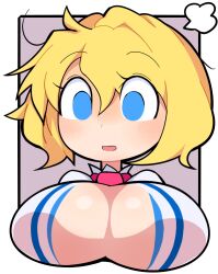 Rule 34 | 1girl, alice margatroid, blonde hair, blue eyes, blush, breasts, cleavage, commentary request, cookie (touhou), empty eyes, hair between eyes, hospital king, large breasts, long bangs, looking down, messy hair, open mouth, portrait, short hair, solo, touhou, web (cookie)
