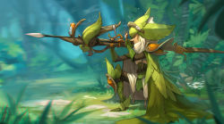 Rule 34 | absurdres, aiming, armor, bow (weapon), crossbow, dofus, forest, gloves, green gloves, hat, highres, knee pads, krosmaga, leaf clothing, long nose, nature, one eye closed, on one knee, pauldrons, scope, shoulder armor, solo, wakfu, weapon, xaxaxa