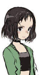 Rule 34 | 1girl, black choker, black eyes, black tank top, character request, choker, commentary request, crop top, green jacket, highres, jacket, open clothes, open jacket, short bangs, short hair, simple background, sketch, solo, tank top, white background, yamamoto souichirou