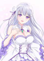 Rule 34 | 1girl, :d, akino subaru, bare shoulders, black dress, blush, breasts, chest jewel, cleavage, cleavage cutout, clothing cutout, collar, commentary request, cowboy shot, curvy, detached sleeves, diamond (gemstone), dress, emilia (re:zero), eyelashes, flower, frilled dress, frilled sleeves, frills, grey hair, hair between eyes, hair flower, hair ornament, hair ribbon, hand up, head tilt, highres, large breasts, long hair, long sleeves, looking at viewer, open mouth, pink background, purple eyes, purple ribbon, re:zero kara hajimeru isekai seikatsu, ribbon, rose, simple background, smile, solo, standing, straight-on, straight hair, very long hair, white collar, white flower, white rose, white sleeves, wide sleeves, x hair ornament