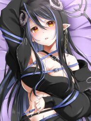Rule 34 | 1girl, arm up, armpits, bandeau, belt, black bandeau, black belt, black hair, black jacket, blue belt, blue hair, blush, breasts, brown eyes, chest belt, cleavage, commentary request, curled horns, demon girl, demon horns, demon tail, fuyuno taka, grey horns, hair between eyes, hebiyoi tier, hebiyoi tier (1st costume), highres, horns, jacket, large breasts, long hair, looking at viewer, lying, multicolored hair, nanashi inc., navel, off shoulder, on back, on bed, open mouth, pointy ears, smile, solo, sugar lyric, tail, two-tone hair, underboob, upper body, virtual youtuber