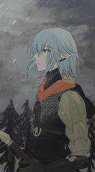 Rule 34 | 1boy, armor, blue eyes, blue hair, chainmail, closed mouth, ear piercing, final fantasy, final fantasy xiv, from side, gloves, green gloves, haurchefant greystone, highres, holding, kinona, male focus, outdoors, overcast, pauldrons, piercing, pointy ears, profile, shoulder armor, sky, snowing, solo, tree