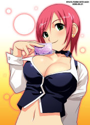Rule 34 | 1girl, bow, bowtie, breasts, card, choker, cleavage, croupier, cuffs, green eyes, holding, holding card, large breasts, midriff, navel, red hair, rio rollins, ryu (ryu&#039;s form site), short hair, sleeve cuffs, solo, super blackjack