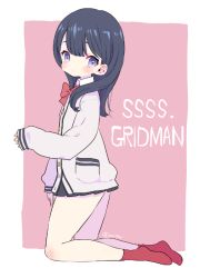 Rule 34 | 1girl, black hair, blazer, blue eyes, commentary request, full body, gridman universe, jacket, kneeling, long hair, long sleeves, looking at viewer, maitou, no shoes, pink background, red socks, sleeves past wrists, socks, solo, ssss.gridman, takarada rikka, twitter username, two-tone background, white background