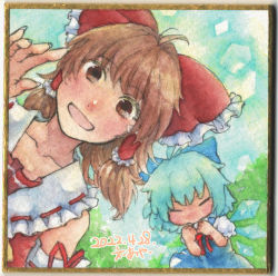 Rule 34 | 2girls, blue bow, blue dress, bow, brown eyes, brown hair, closed eyes, closed mouth, collarbone, dated, detached sleeves, detached wings, dress, fingernails, frilled bow, frilled hair tubes, frills, hair bow, hair tubes, ice, ice wings, looking at viewer, medium hair, multiple girls, open mouth, outdoors, painting (medium), pinafore dress, puffy short sleeves, puffy sleeves, red bow, red ribbon, red shirt, ribbon, ribbon-trimmed sleeves, ribbon trim, sharp fingernails, shikishi, shin1ar24, shirt, short sleeves, sleeveless, sleeveless dress, sleeveless shirt, smile, touhou, traditional media, watercolor (medium), watercolor pencil (medium), white shirt, wings