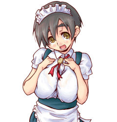 Rule 34 | 1girl, apron, black hair, breast suppress, breasts, breasts squeezed together, female focus, large breasts, lowres, maid, maid apron, maid headdress, sanemichi hajime, short hair, simple background, solo, white background, yellow eyes