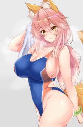 Rule 34 | 10s, 1girl, animal ears, bare shoulders, blue one-piece swimsuit, blush, bracelet, breasts, cleavage, collarbone, commentary request, competition swimsuit, covered navel, fang, fate/extra, fate (series), fox ears, fox tail, hair between eyes, highres, hip focus, jewelry, large breasts, long hair, looking at viewer, one-piece swimsuit, pink hair, ponytail, sankakusui, shiny skin, sideboob, sidelocks, simple background, smile, solo, swimsuit, tail, tamamo (fate), tamamo no mae (fate/extra), thighs, towel, yellow eyes