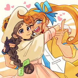 Rule 34 | 2girls, ;d, ace attorney, athena cykes, black gloves, blue eyes, blue necktie, blue ribbon, blush stickers, braid, brown eyes, brown hair, capelet, cheek-to-cheek, cropped jacket, dress, fingerless gloves, flower, gloves, hair bun, hair ornament, hair ribbon, heads together, heart, hug, jacket, juniper woods, lapel pin, lapels, leaf hair ornament, long hair, looking at viewer, ministarfruit, multiple girls, necktie, one eye closed, open mouth, orange hair, partially fingerless gloves, phoenix wright: ace attorney - dual destinies, pink dress, pocket, pointing, pointing up, ribbon, shirt, side ponytail, single glove, skirt, sleeves past elbows, smile, sunflower, twin braids, untucked shirt, upper body, very long hair, wavy mouth, white gloves, white shirt, yellow capelet, yellow flower, yellow jacket, yellow skirt, yuri
