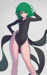 Rule 34 | 1girl, absurdres, arm behind head, black dress, breasts, curly hair, daniel deves, dress, green eyes, green hair, hand on own hip, highres, looking at viewer, one-punch man, small breasts, solo, tatsumaki