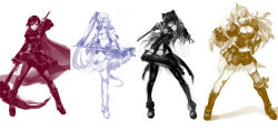 Rule 34 | 4girls, blake belladonna, boots, breasts, cape, dress, full body, highres, long hair, looking at viewer, multiple girls, negresco, pantyhose, ruby rose, rwby, scythe, short hair, simple background, smile, weapon, weiss schnee, white background, yang xiao long