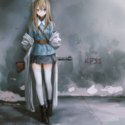 Rule 34 | 1girl, ankle boots, bad id, bad twitter id, belt, black footwear, blonde hair, blue eyes, blush, boots, breasts, brown hair, buckle, buttons, character name, closed mouth, coat, double-breasted, full body, girls&#039; frontline, gun, hair between eyes, hair ornament, hairband, highres, holding, holding gun, holding weapon, inactive account, infukun, jacket, long hair, looking at viewer, medium breasts, off shoulder, sidelocks, skindentation, skirt, solo, standing, striped clothes, striped skirt, submachine gun, suomi (girls&#039; frontline), suomi kp/-31, thighhighs, thighs, weapon, white thighhighs
