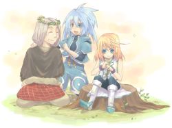 Rule 34 | 00s, 1girl, 2boys, bare shoulders, blonde hair, blue eyes, blue hair, boots, bracelet, capelet, closed eyes, flower, genius sage, grey hair, jewelry, marble (tales of symphonia), mithos yggdrasill, multiple boys, open mouth, pants, short hair, smile, tales of (series), tales of symphonia