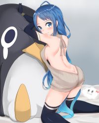Rule 34 | 10s, 1girl, ahoge, alternate costume, ass, back, backless dress, backless outfit, bare back, bare shoulders, bed sheet, black gloves, black thighhighs, blue eyes, blue hair, blush stickers, breasts, butt crack, closed mouth, cowboy shot, dimples of venus, dress, elbow gloves, failure penguin, female focus, fingernails, from behind, gloves, gradient hair, grey dress, grey sweater, halterneck, highres, instant (ioarthus), kantai collection, kneeling, legs apart, long hair, looking at viewer, looking back, medium breasts, meme attire, multicolored hair, naked sweater, no bra, no panties, on bed, ribbed sweater, samidare (kancolle), shoulder blades, sideboob, sleeveless, sleeveless turtleneck, smile, solo, sweater, sweater dress, thighhighs, turtleneck, turtleneck sweater, very long hair, virgin killer sweater