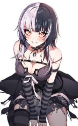 Rule 34 | 1girl, absurdres, bare shoulders, between legs, black hair, breasts, choker, cleavage, collarbone, grey hair, grin, hair ornament, hand between legs, highres, hololive, hololive english, lace, lace choker, large breasts, long hair, looking at viewer, multicolored hair, seion, shiori novella, shiori novella (1st costume), sitting, smile, solo, split-color hair, streaked hair, two-tone hair, virtual youtuber, wariza, white background, yellow eyes