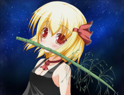 Rule 34 | 1girl, alternate costume, bamboo, bare shoulders, black dress, blonde hair, blush, choker, dress, embodiment of scarlet devil, female focus, hair ribbon, looking at viewer, mouth hold, necktie, night, night sky, no bra, red eyes, ribbon, ribbon choker, rumia, sky, solo, star (sky), starry sky, tanabata, touhou, upper body, yuzutei
